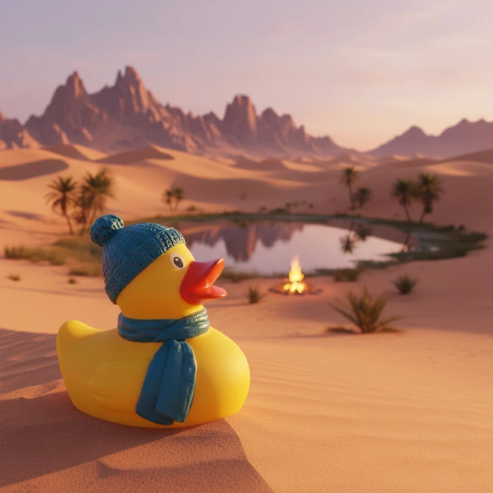 Image of winter duck standing in the desert winter with a scarf on