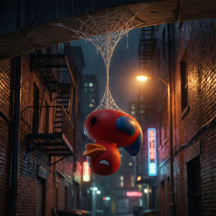 image of spiderman duck hanging upside down